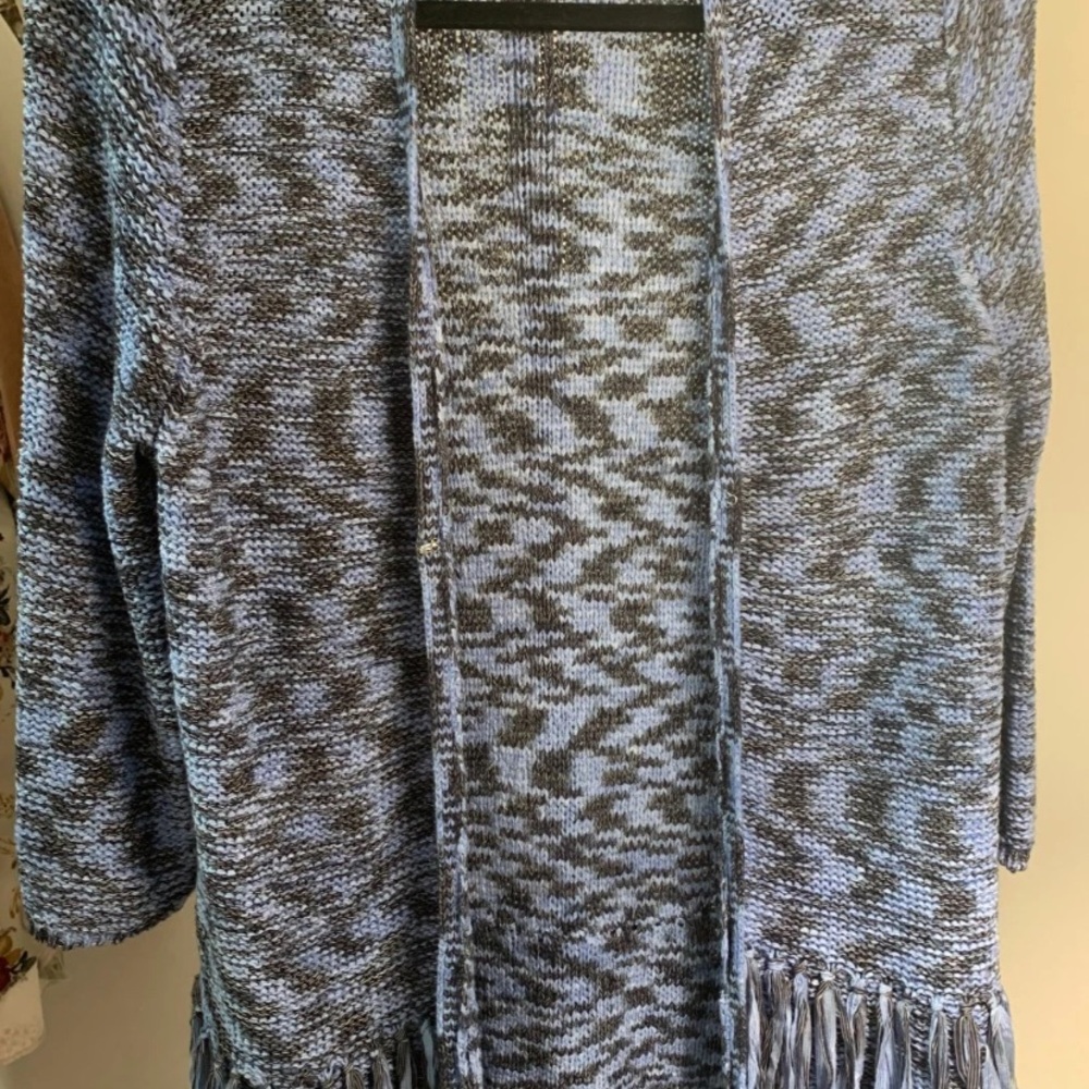 Laura Ashley Fringe Knit Cardigan Sweater - Blue/Gray small
